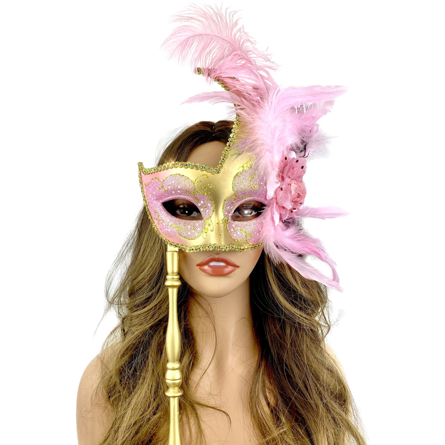 Women Venetian Feather Masquerade Mask With Stick, For Costume Party, Halloween, Christmas