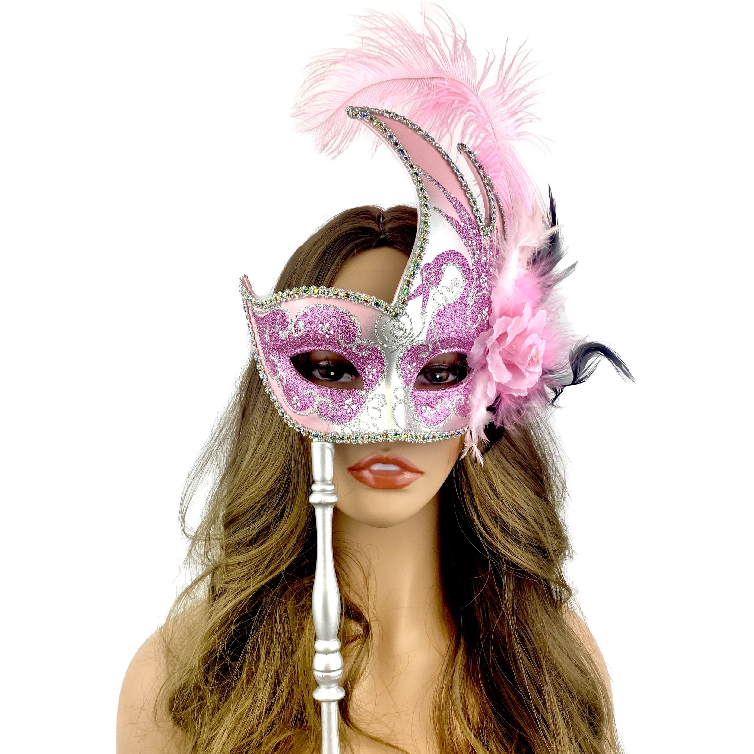 Women Venetian Feather Masquerade Mask With Stick, For Costume Party, Halloween, Christmas