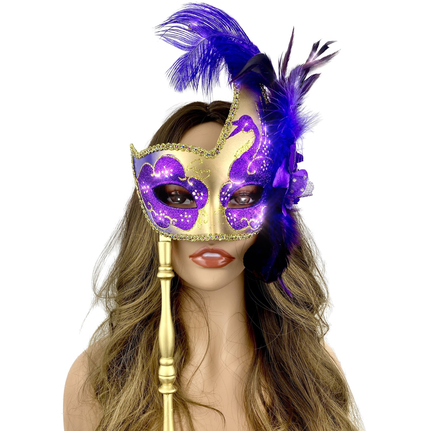 Women Venetian Feather Masquerade Mask With Stick, For Costume Party, Halloween, Christmas