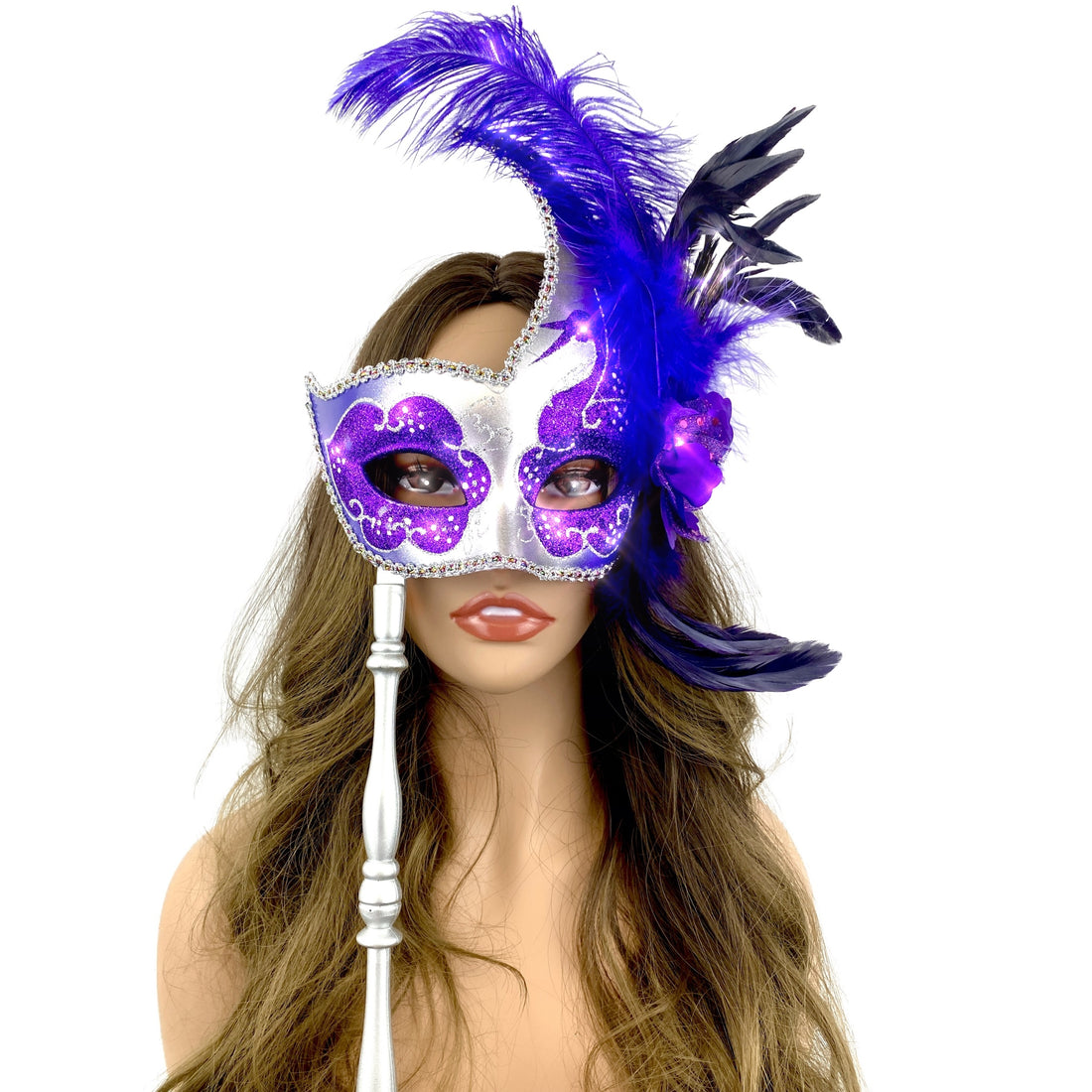 Women Venetian Feather Masquerade Mask With Stick, For Costume Party, Halloween, Christmas