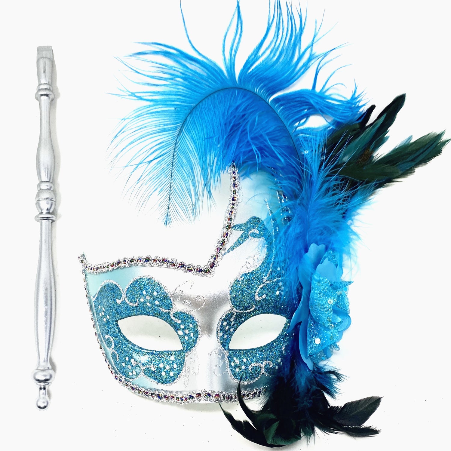 Women Venetian Feather Masquerade Mask With Stick, For Costume Party, Halloween, Christmas