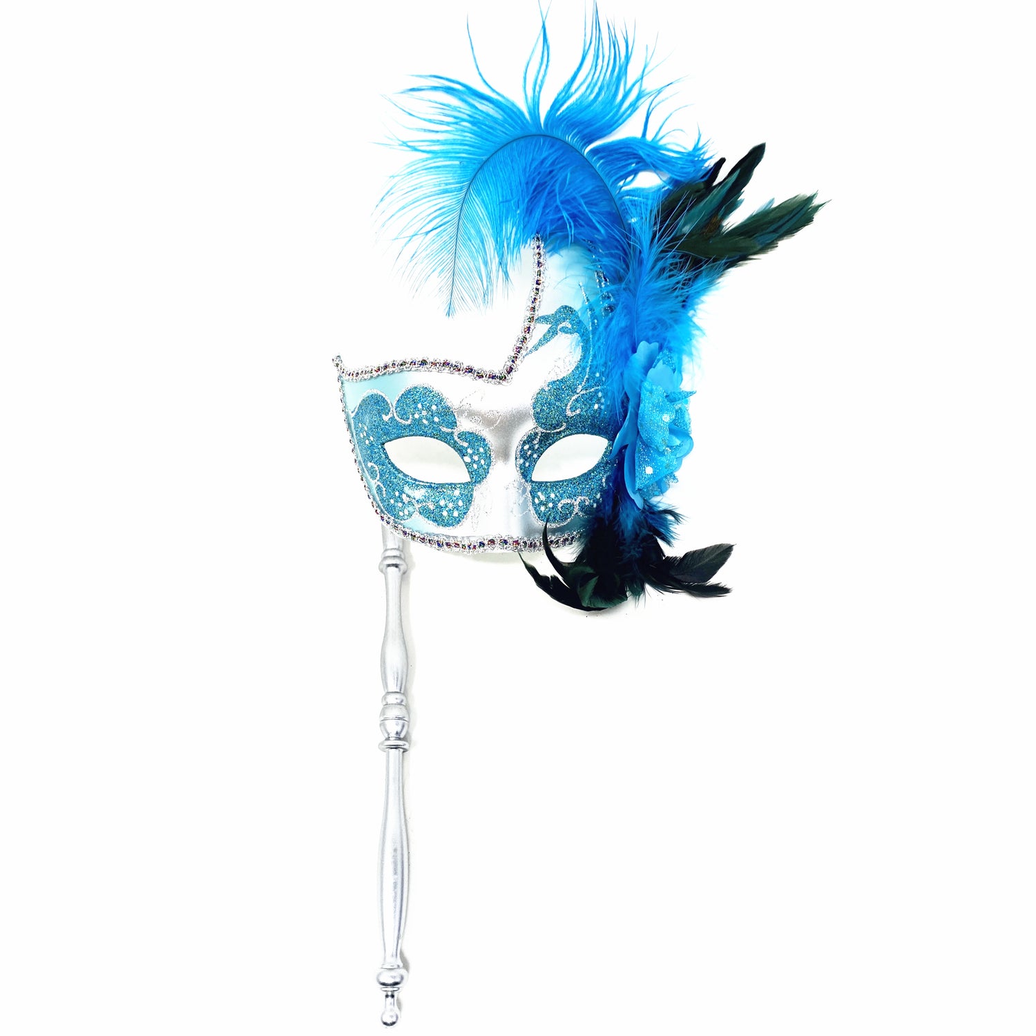 Women Venetian Feather Masquerade Mask With Stick, For Costume Party, Halloween, Christmas