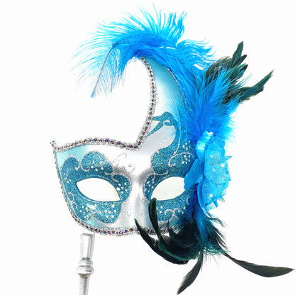 Women Venetian Feather Masquerade Mask With Stick, For Costume Party, Halloween, Christmas