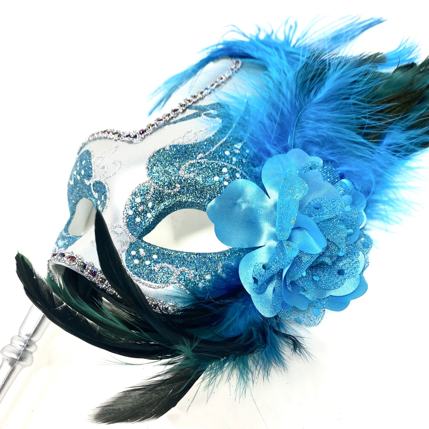 Women Venetian Feather Masquerade Mask With Stick, For Costume Party, Halloween, Christmas