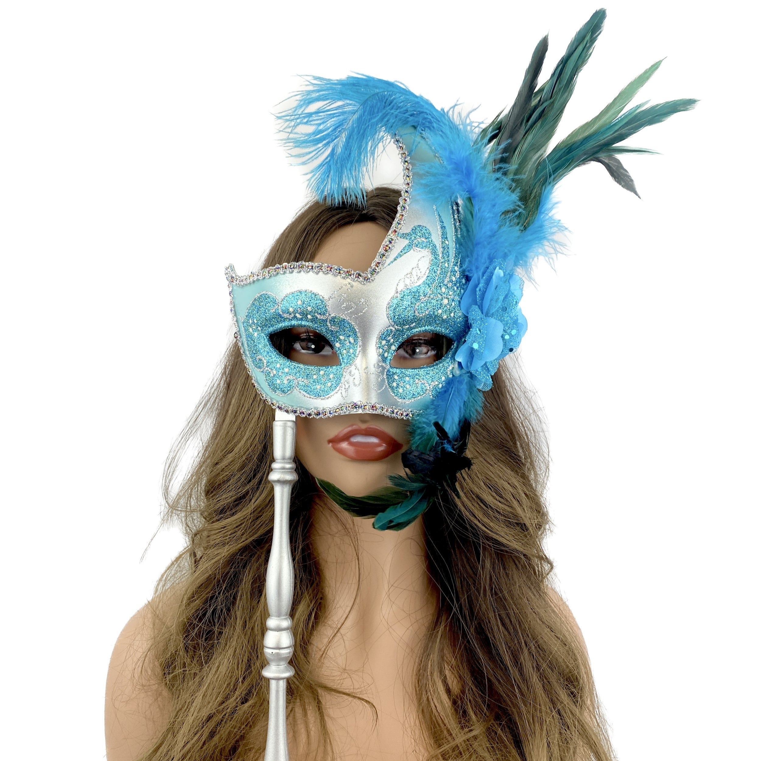 Women Venetian Feather Masquerade Mask With Stick, For Costume Party, Halloween, Christmas