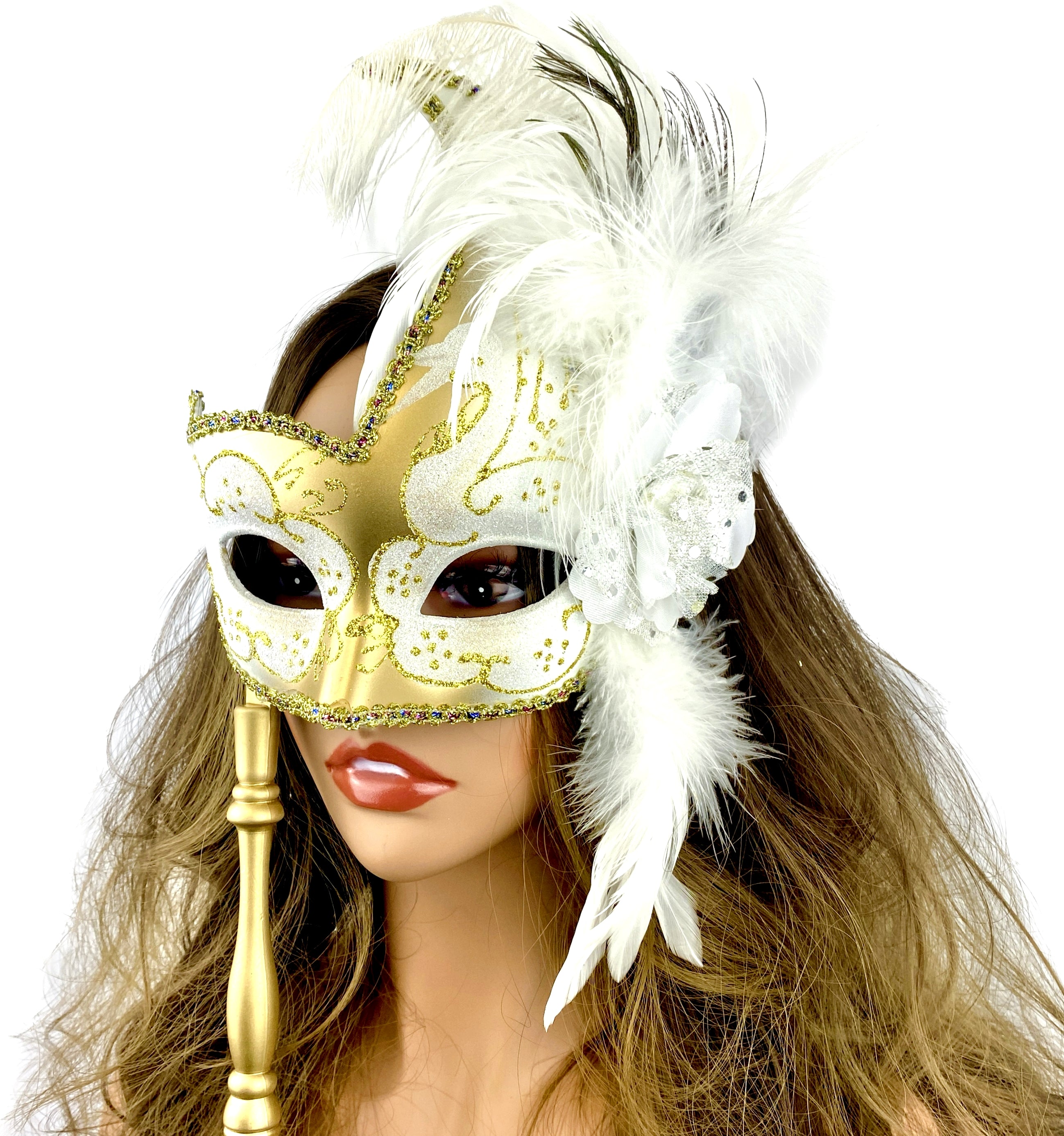 Women Venetian Feather Masquerade Mask With Stick, For Costume Party, Halloween, Christmas