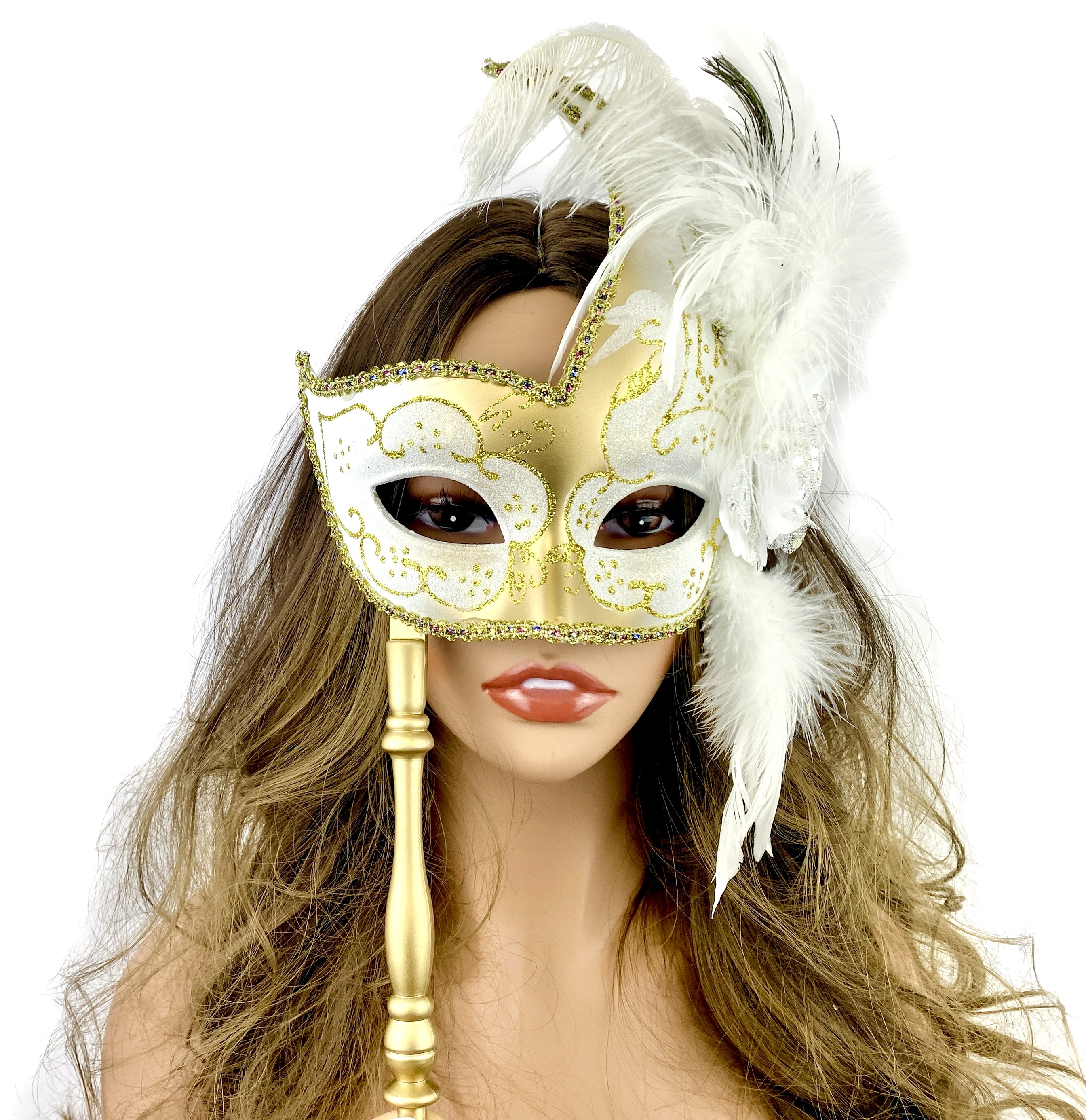 Women Venetian Feather Masquerade Mask With Stick, For Costume Party, Halloween, Christmas