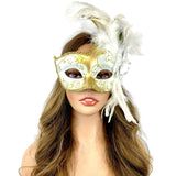 White & Gold Lady Women Girl Costume Venetian mask Feather Masquerade Mask Mardi Gras For Party, Halloween, Christmas