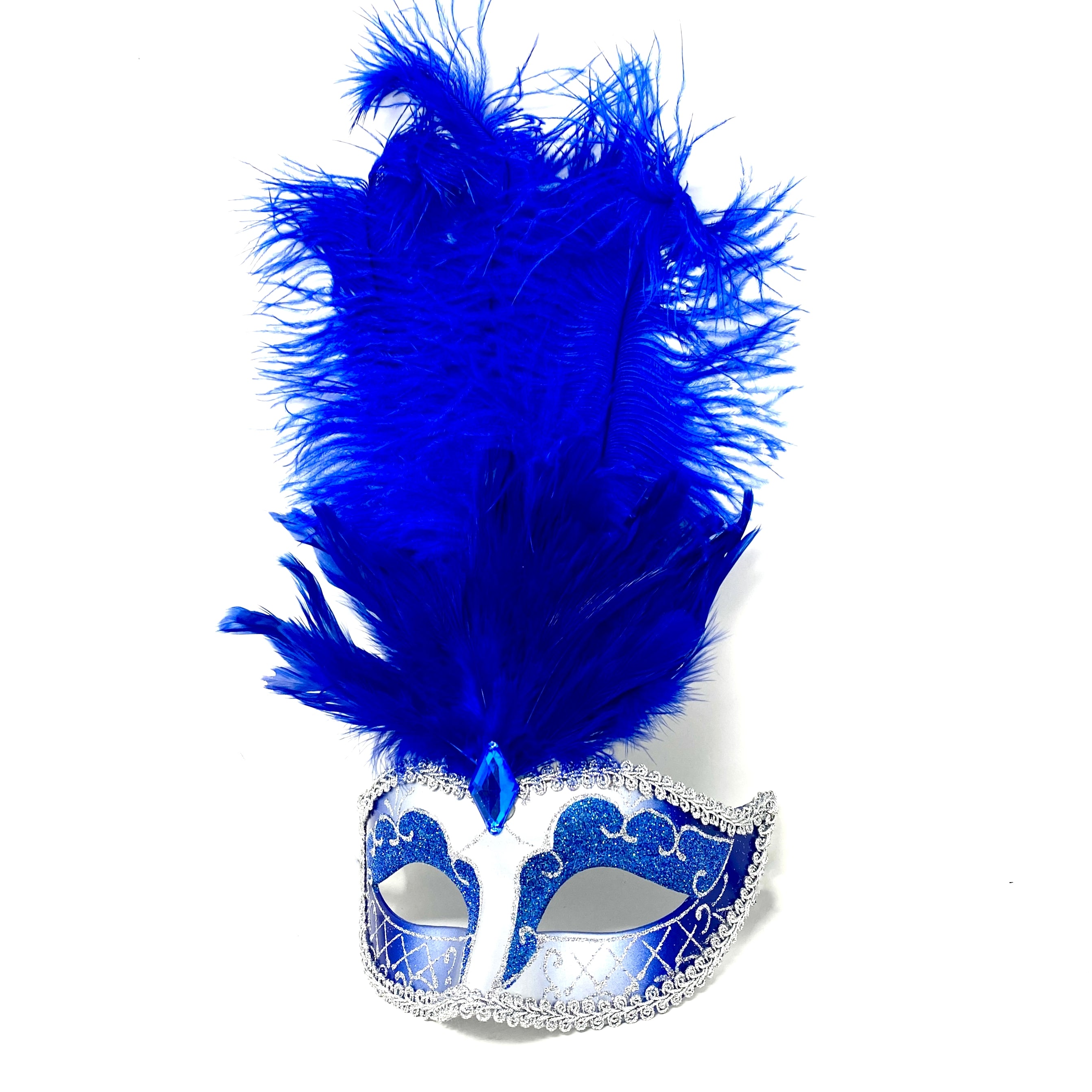 Women Feather Masquerade Party Mask For Mardi Gras , Halloween -Blue &amp; Silver