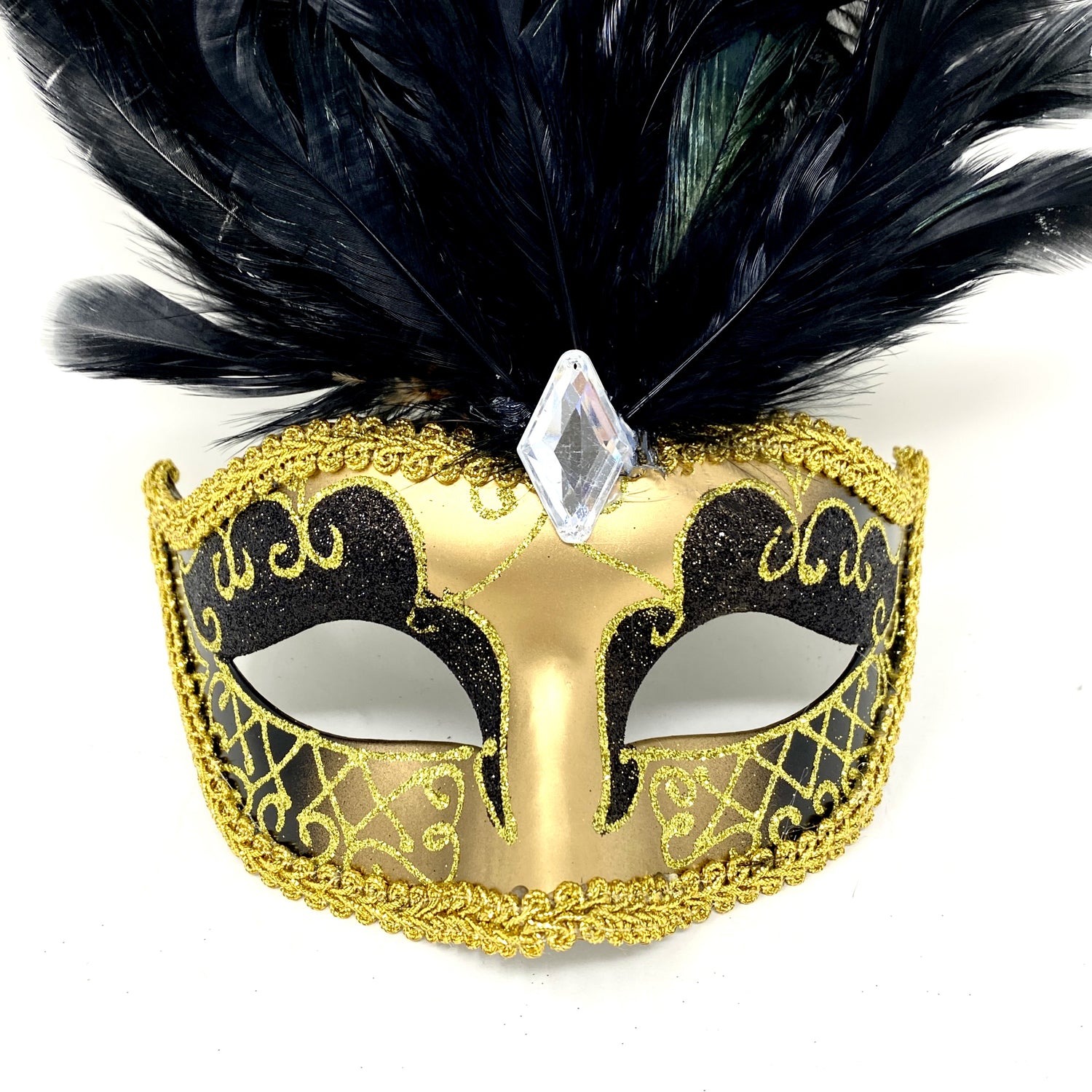 Women Feather Masquerade Party Mask For Mardi Gras , Halloween - Gold &amp; Black