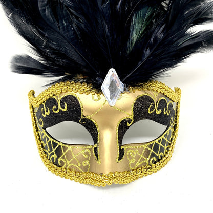 Women Feather Masquerade Party Mask For Mardi Gras , Halloween - Gold &amp; Black