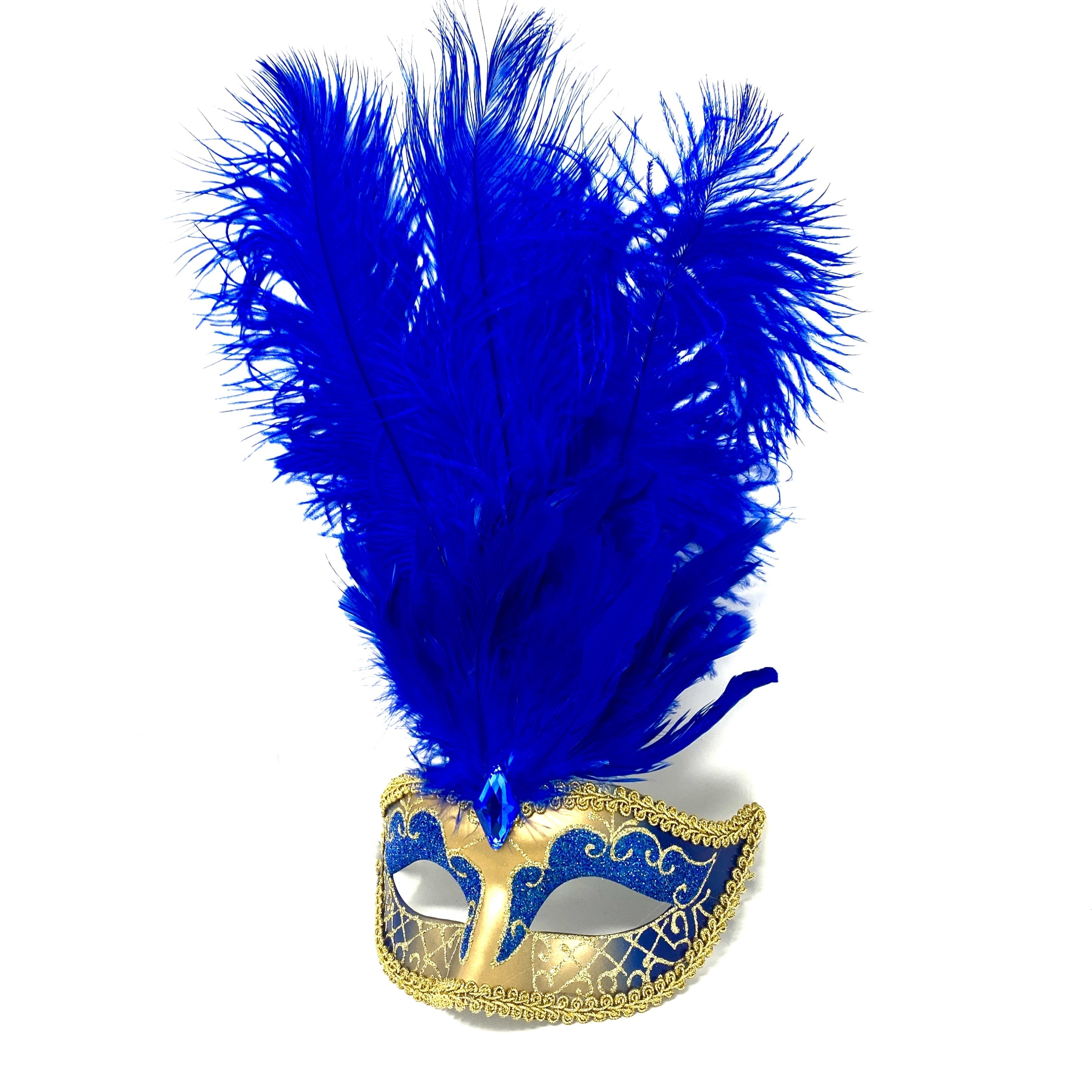 Women Feather Masquerade Party Mask For Mardi Gras , Halloween - Blue &amp; Gold
