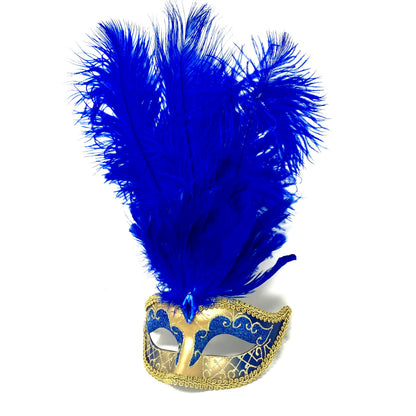 Women Feather Masquerade Party Mask For Mardi Gras , Halloween - Blue &amp; Gold
