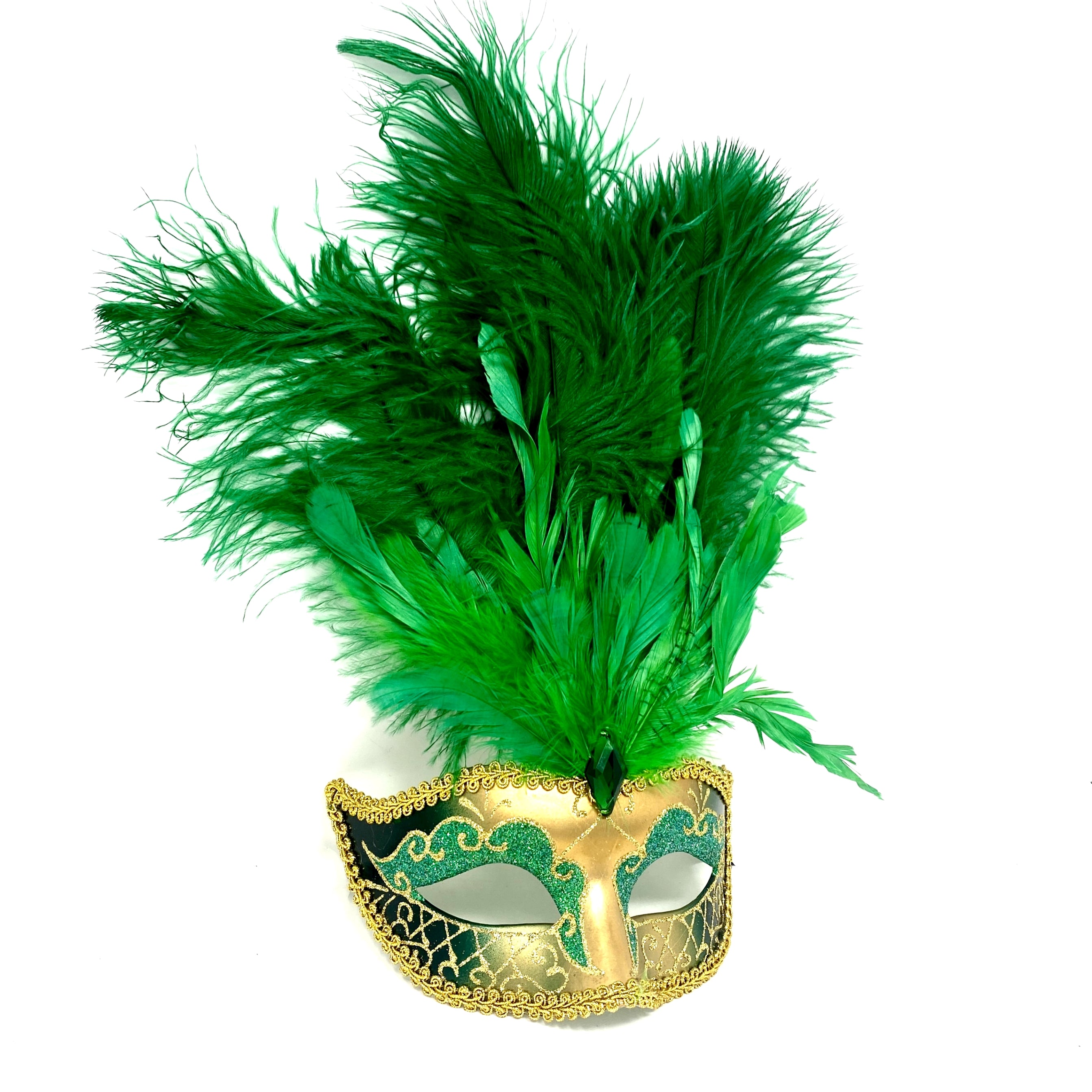 Women Feather Masquerade Party Mask For Mardi Gras , Halloween - Green &amp; gold