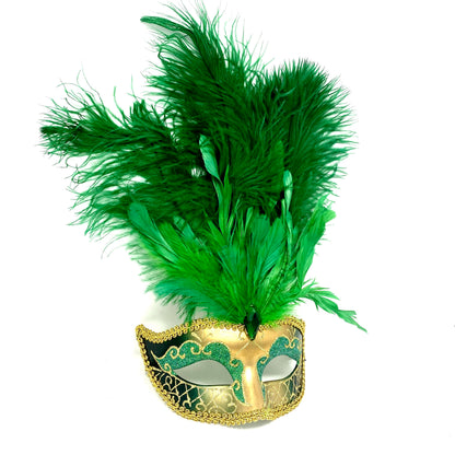 Women Feather Masquerade Party Mask For Mardi Gras , Halloween - Green &amp; gold