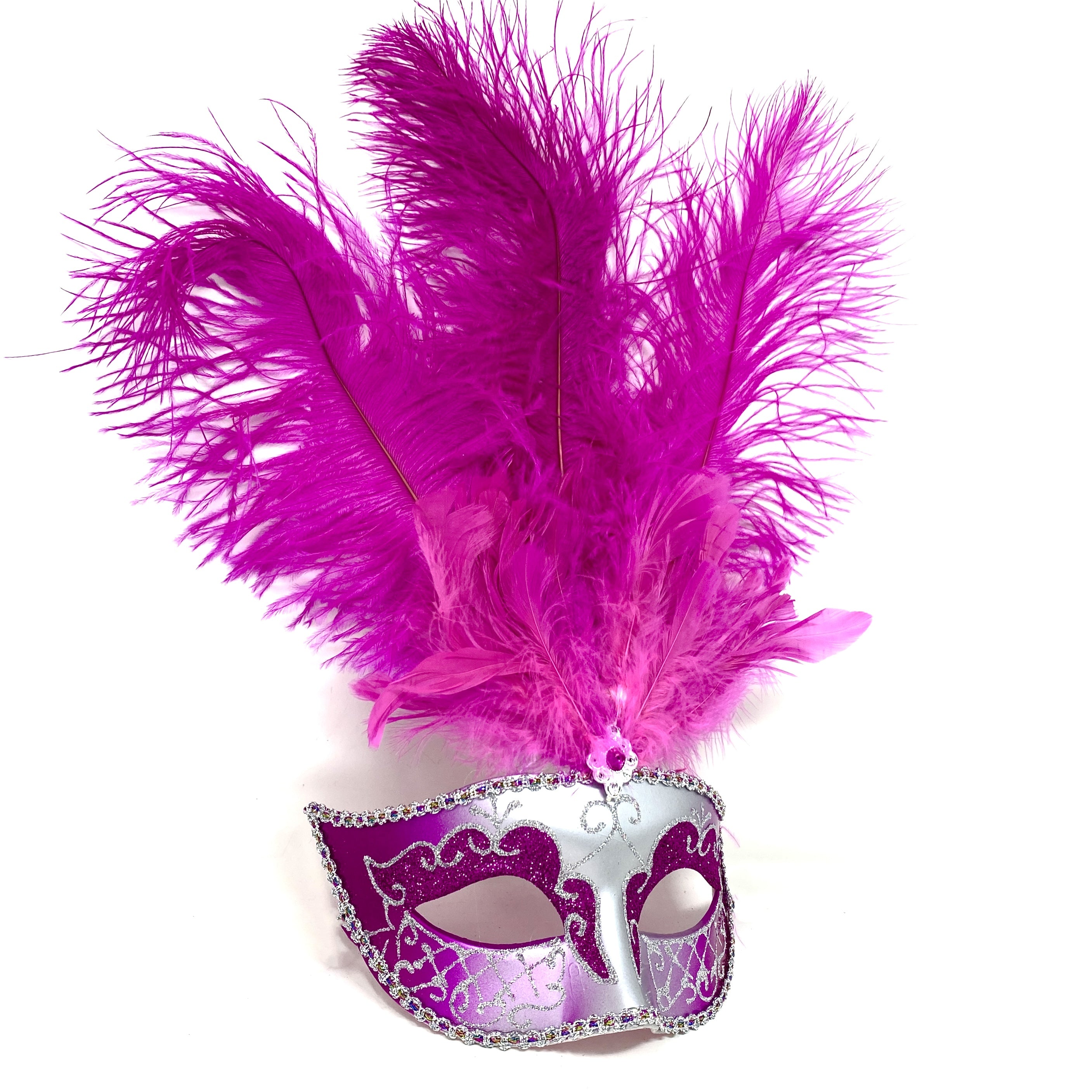 Women Feather Masquerade Party Mask For Mardi Gras , Halloween - Pink &amp; Silver