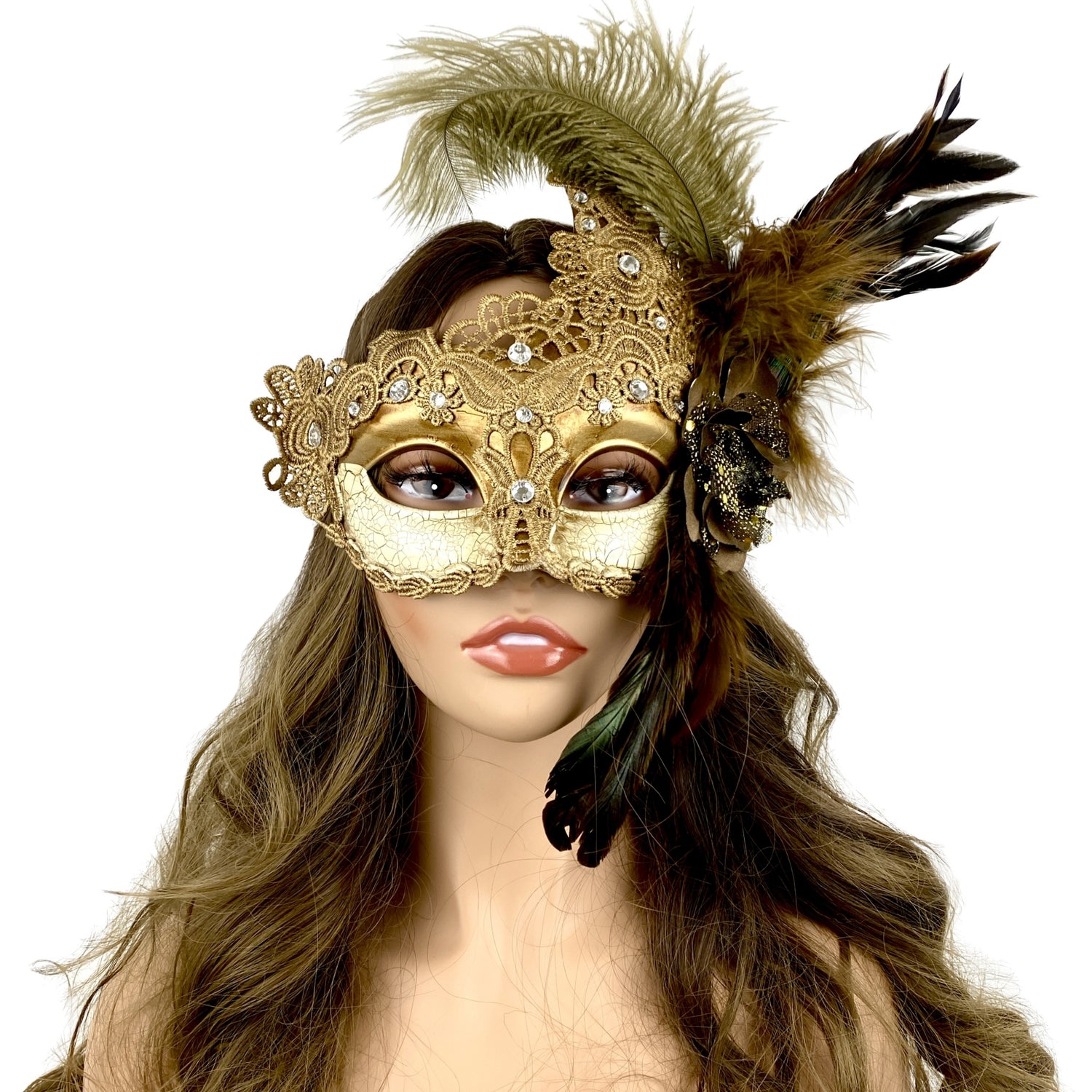 Gold Women Venetian Feather Masquerade Party Mask For Mardi Gras , Halloween