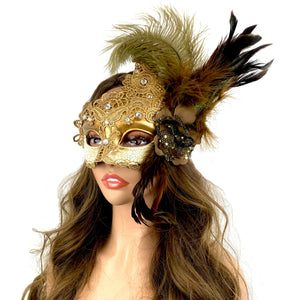 Womens Masquerade Mask Feathers Mardi Gras Green Gold | Masquerade Store