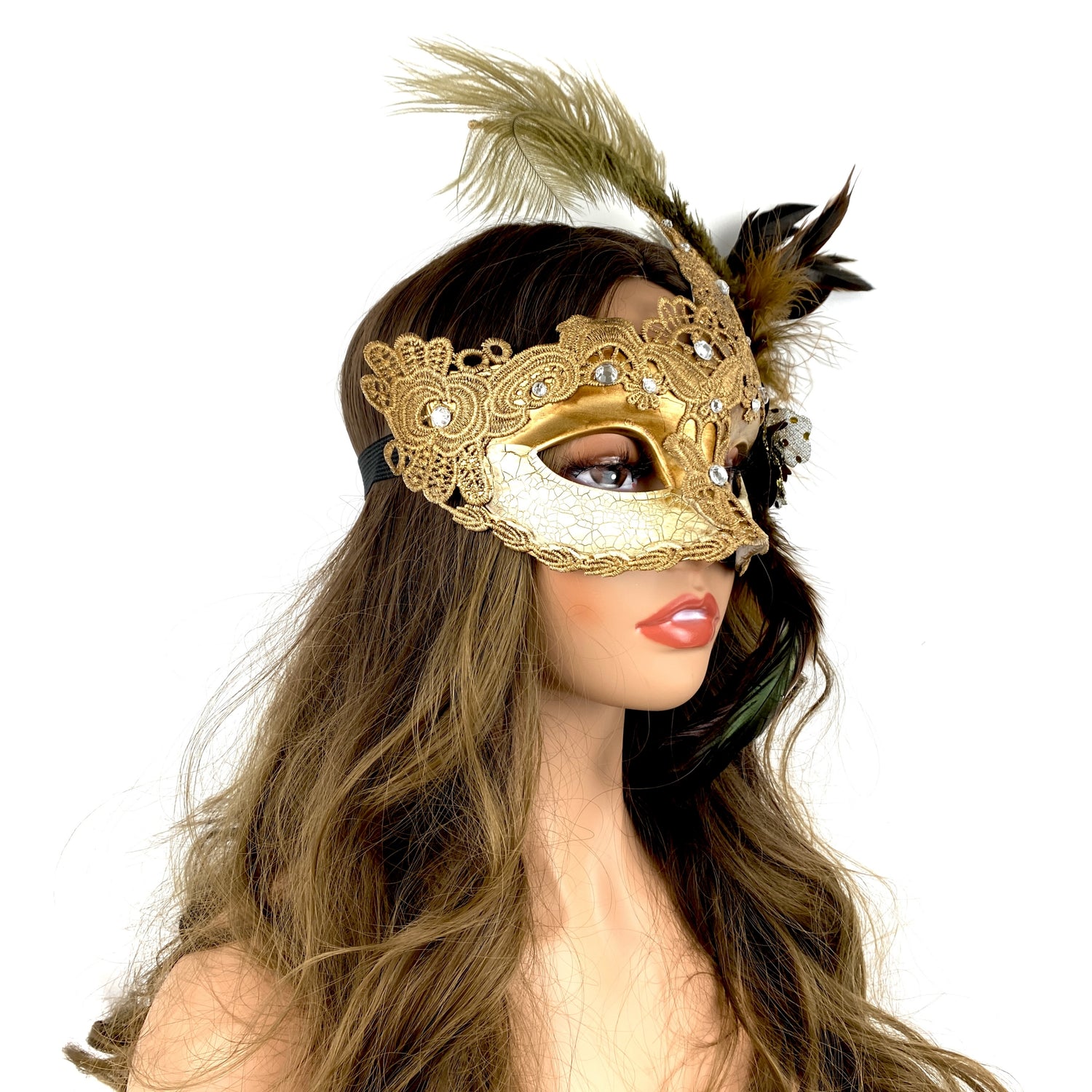 Gold Women Venetian Feather Masquerade Party Mask For Mardi Gras , Halloween