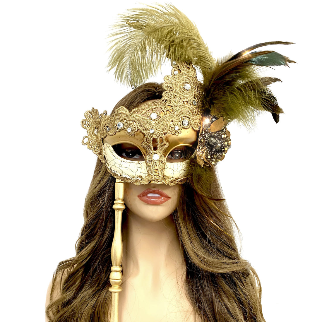 Women Venetian Feather Masquerade Mask With Stick, For Costume Party, Halloween, Christmas