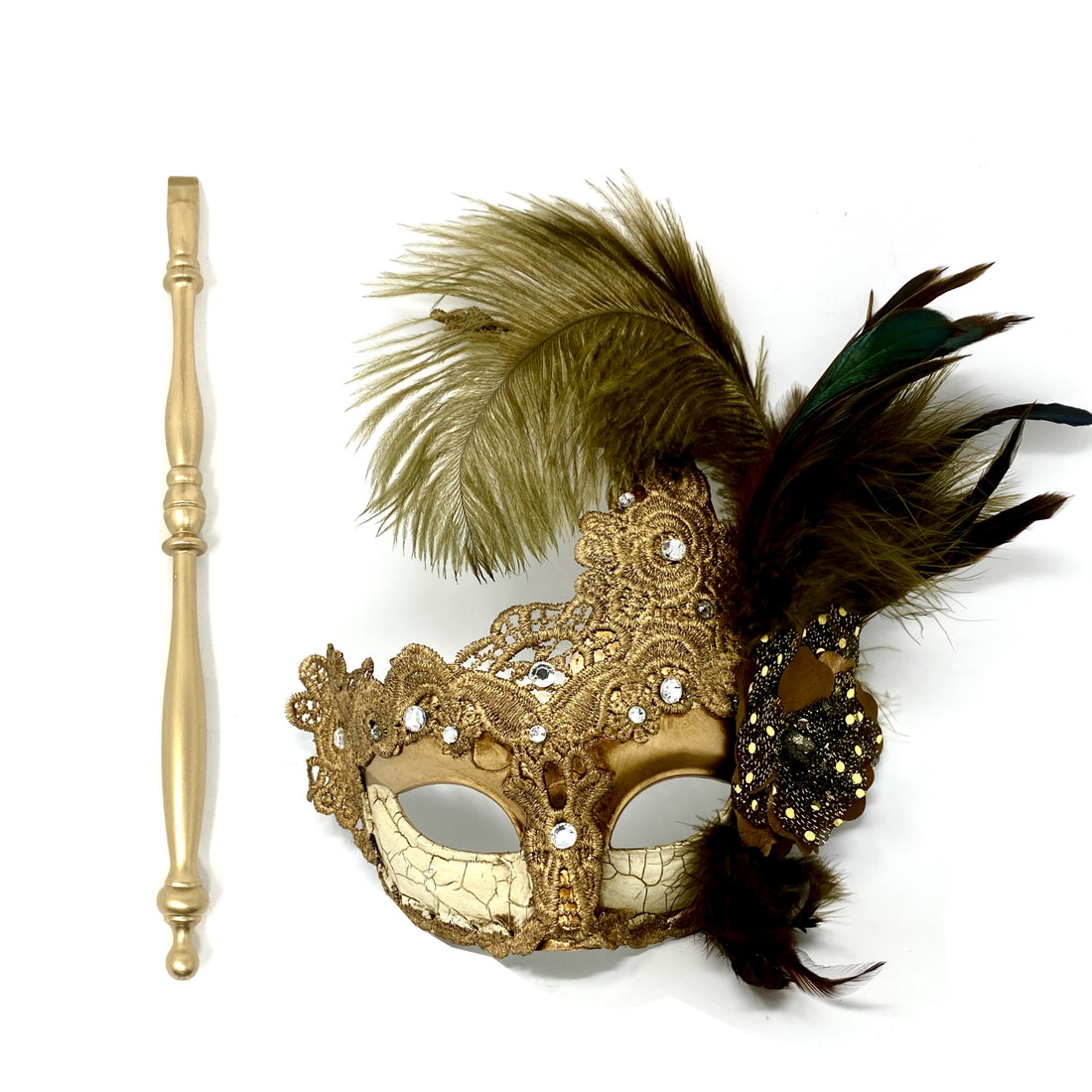 Women Venetian Feather Masquerade Party Mask With Hand Held Stick, For Halloween , Mardi Gras Costume  Masks  - Gold