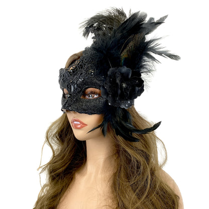 Women Costume Venetian Feather Masquerade Mask For Mardi Gras Halloween