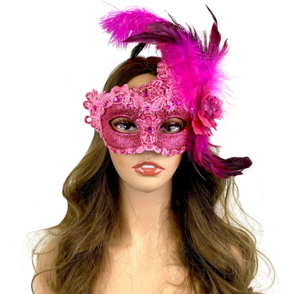 Pink Women Venetian Feather Masquerade Party Mask For Mardi Gras , Halloween