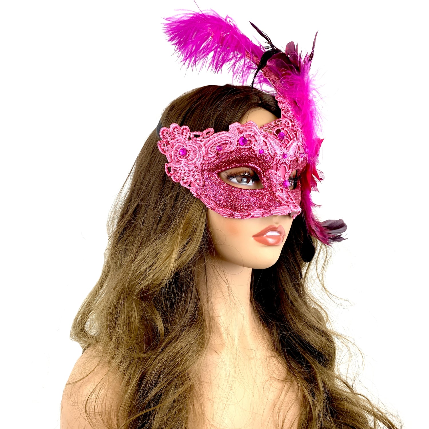 Pink Women Venetian Feather Masquerade Party Mask For Mardi Gras , Halloween