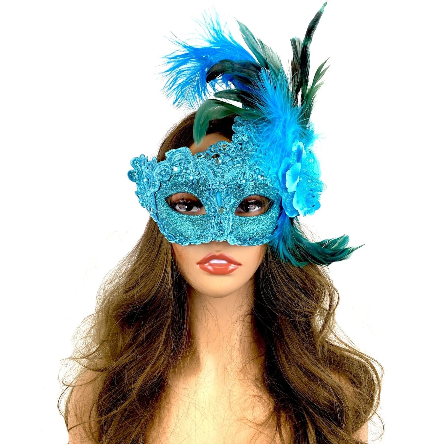 Sky Blue Women Venetian Feather Masquerade Party Mask For Mardi Gras , Halloween