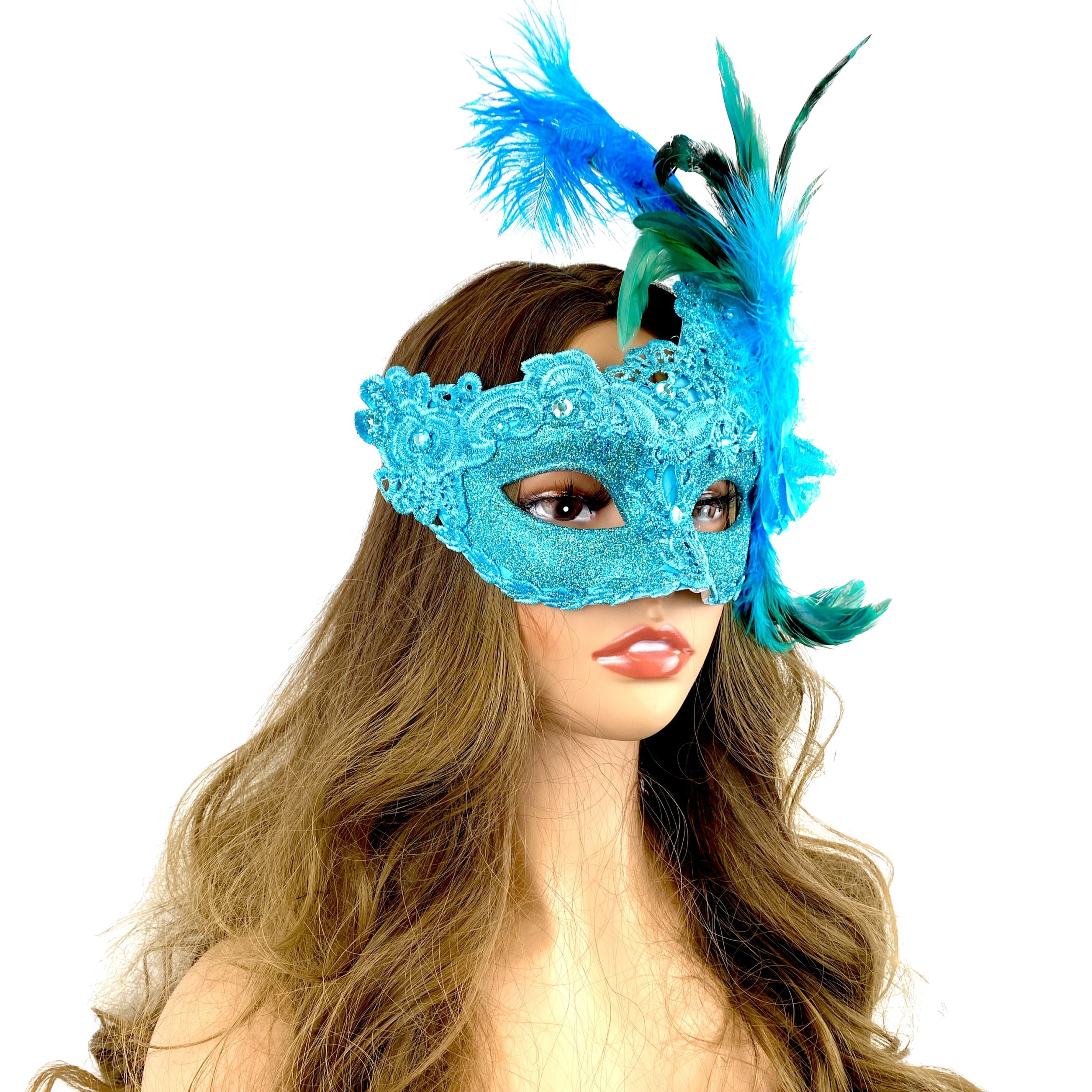 Sky Blue Women Venetian Feather Masquerade Party Mask For Mardi Gras , Halloween