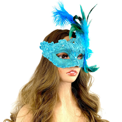 Sky Blue Women Venetian Feather Masquerade Party Mask For Mardi Gras , Halloween