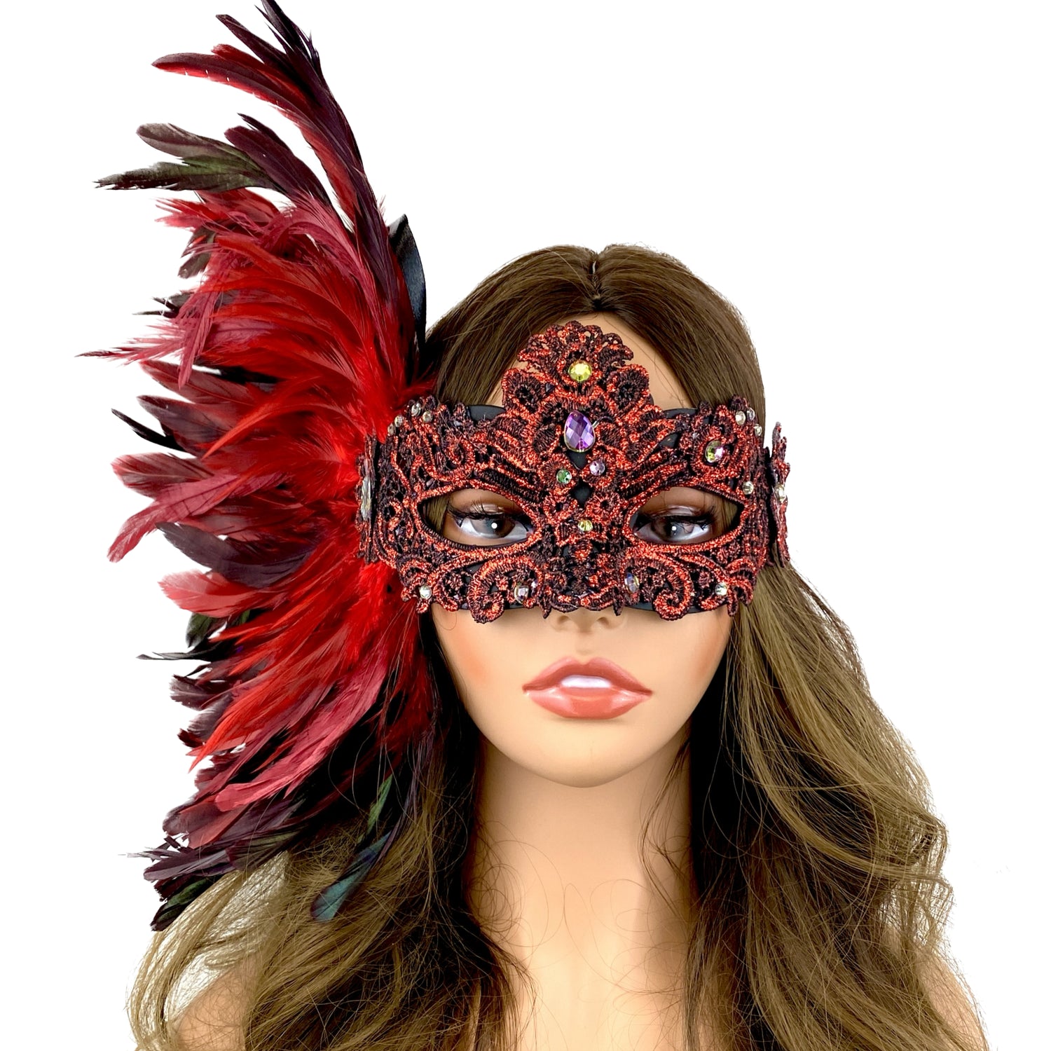 Red Women Venetian Feather Masquerade Party Mask For Mardi Gras , Halloween