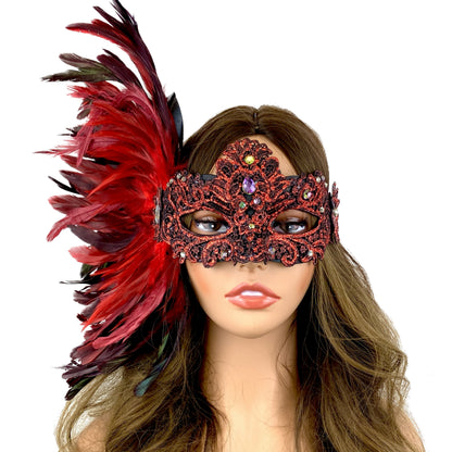 Red Women Venetian Feather Masquerade Party Mask For Mardi Gras , Halloween