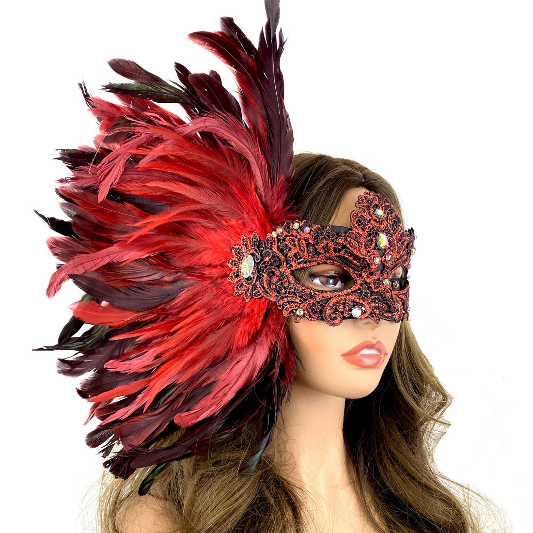 red Women lace feather masquerade mask for mardi gras