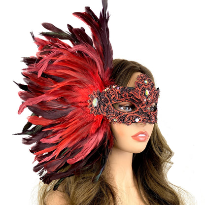 Women Costume Venetian Feather Masquerade Mask For Mardi Gras Halloween