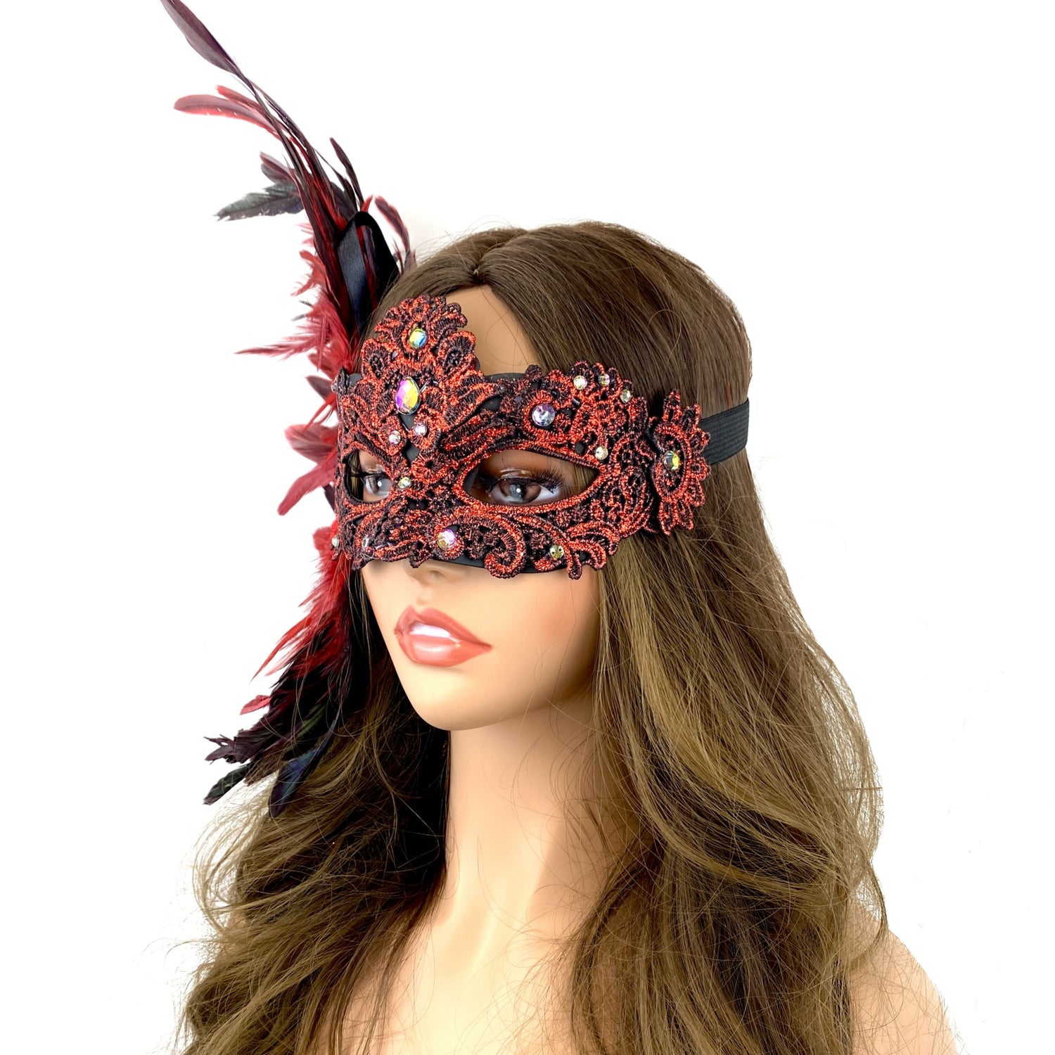 Red Women Venetian Feather Masquerade Party Mask For Mardi Gras , Halloween