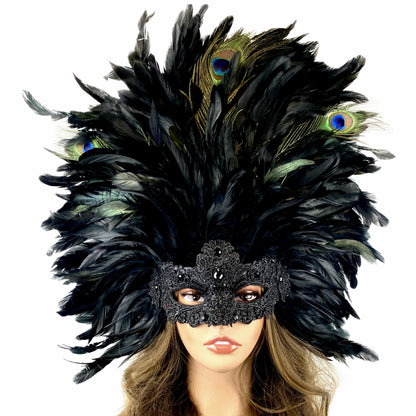 Women Costume Venetian Feather Masquerade Mask For Mardi Gras Halloween