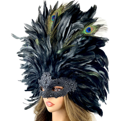 Women Black Venetian Costume  Feather Masquerade Mask For Mardi Gras