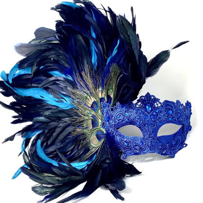 Blue Carnival Side Feather Masquerade Mask