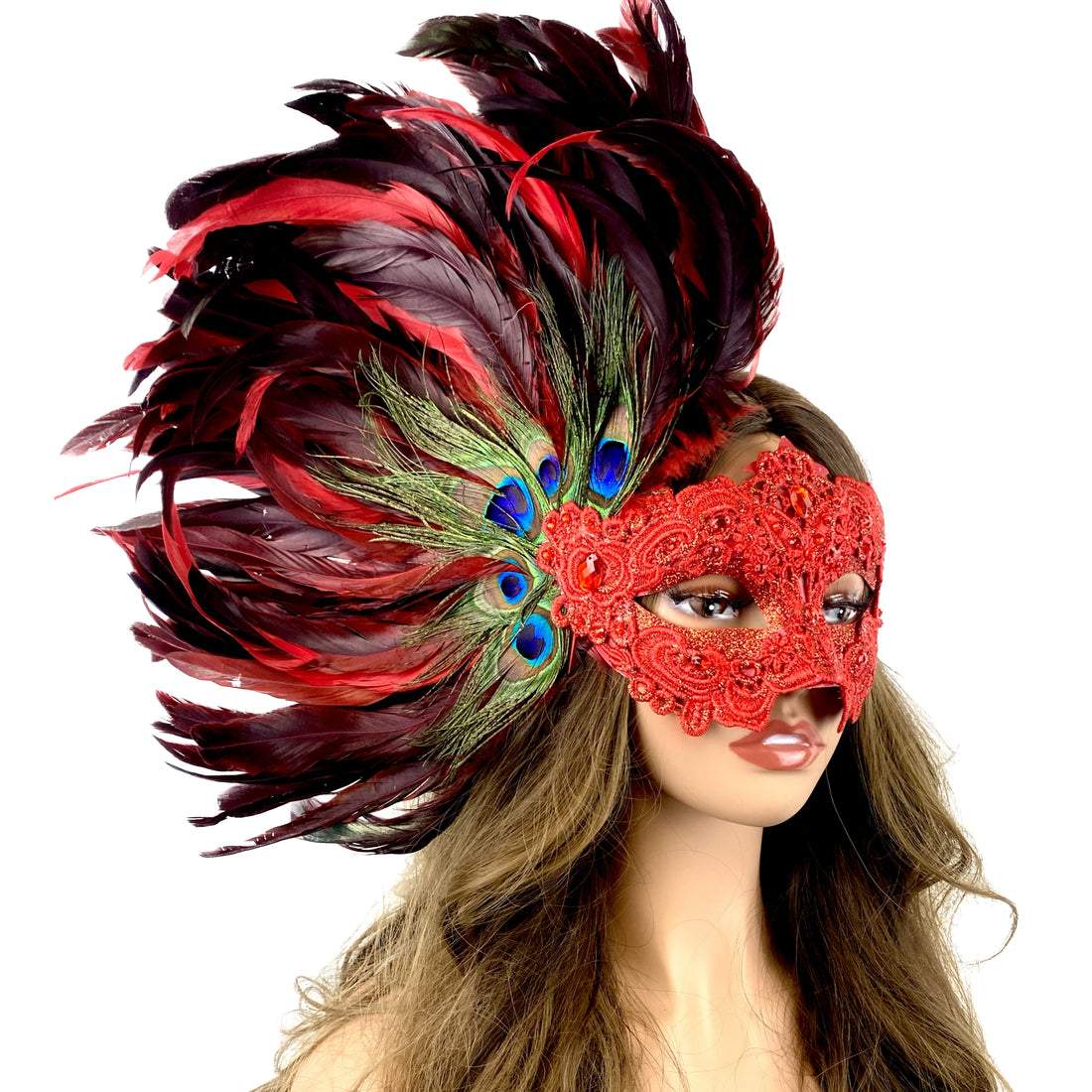 Red Women Venetian Feather Masquerade Party Mask For Mardi Gras , Halloween