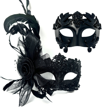 Couples Masquerade Masks, Men Women Venetian Feather Mask For Mardi Gras Cosplay Wedding Graduation Party