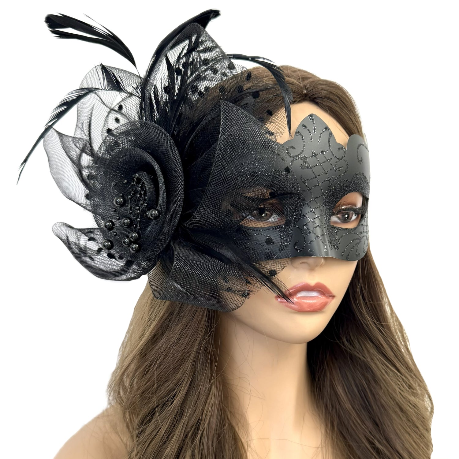 Black Women Masquerade Mask Costume Venetian Feather Masks For Mardi Gras Party, Halloween