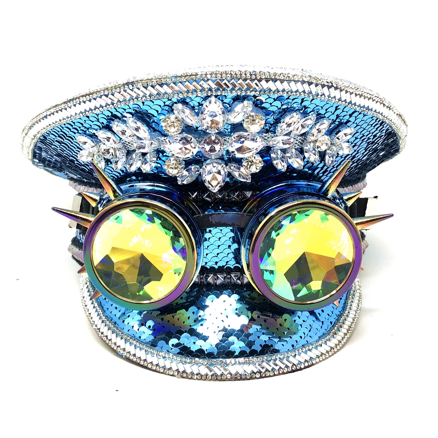 RAVE Captain Style Luxury Women Rhinestone Sequin Top Hat With Goggle For Christmas Costume Cosplay