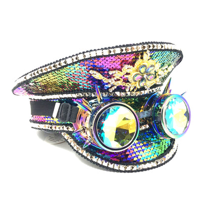 RAVE Captain Style Luxury Women Rhinestone Sequin Top Hat With Goggle For Christmas Costume Cosplay