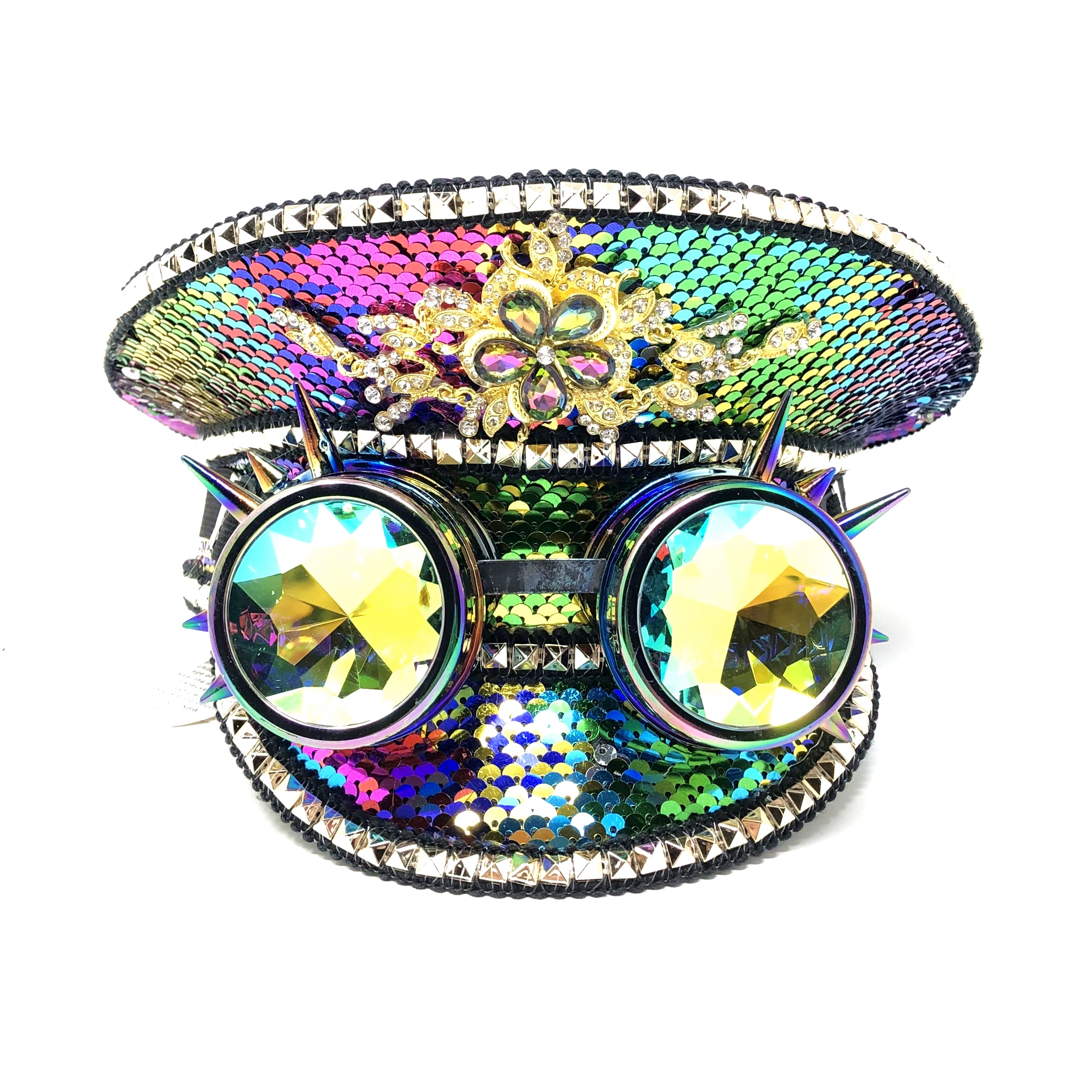 RAVE Captain Style Luxury Women Rhinestone Sequin Top Hat With Goggle For Christmas Costume Cosplay