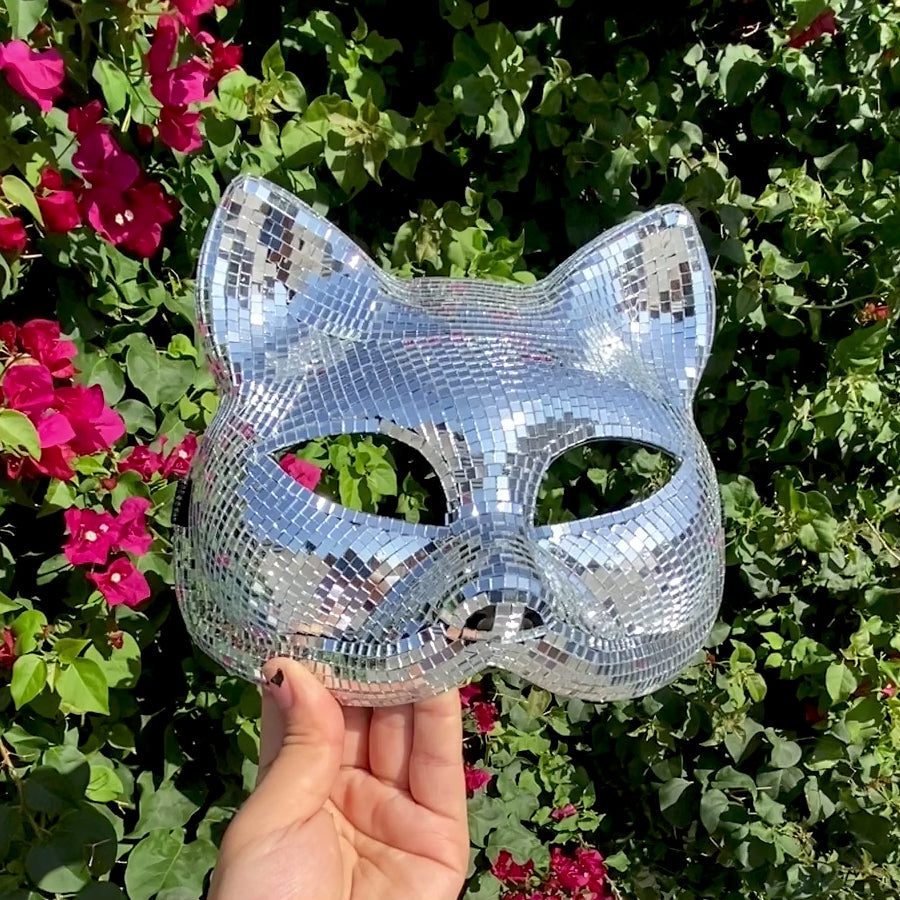 Silver Disco Ball Mirror Cat Face mask, Animal face mask with mirror pieces, Glitter disco cat face mask For Rave, Party