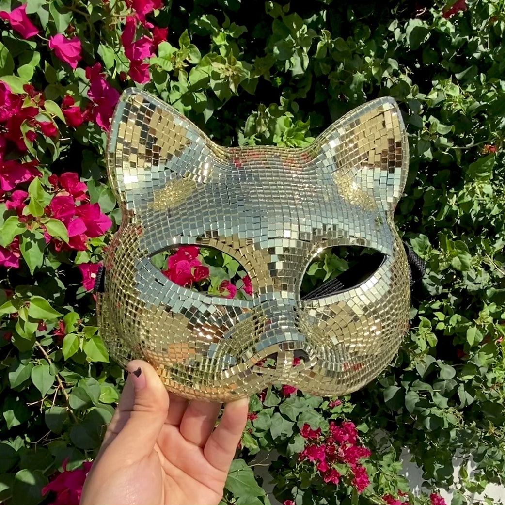 Disco Ball Mirror Cat Face mask, Animal face mask with mirror pieces, Glitter disco cat face mask For Rave, Party