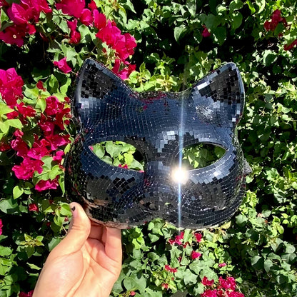 Disco Ball Mirror Cat Face mask, Animal face mask with mirror pieces, Glitter disco cat face mask For Rave, Party