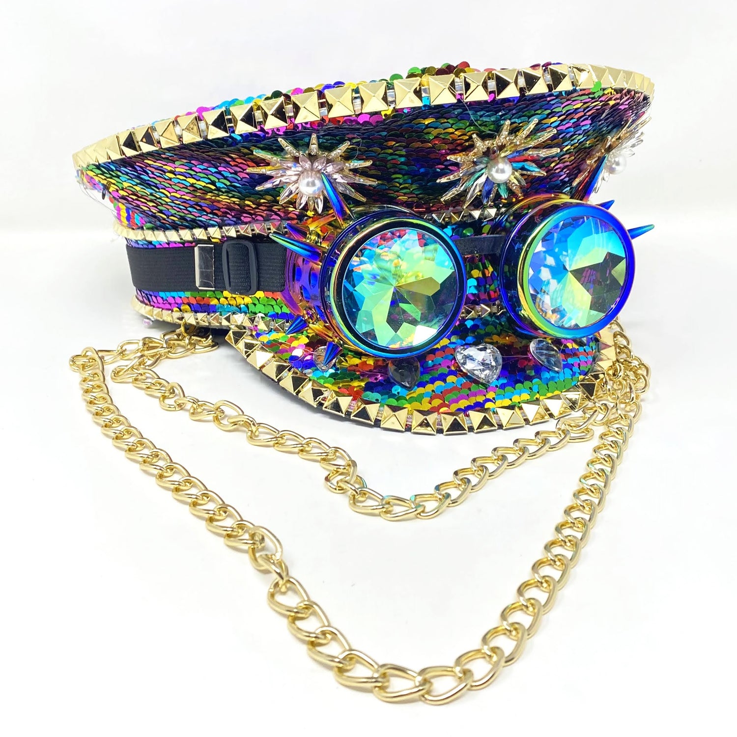 RAVE Captain Style Luxury Women Rhinestone Sequin Top Hat With Goggle For Christmas Costume Cosplay