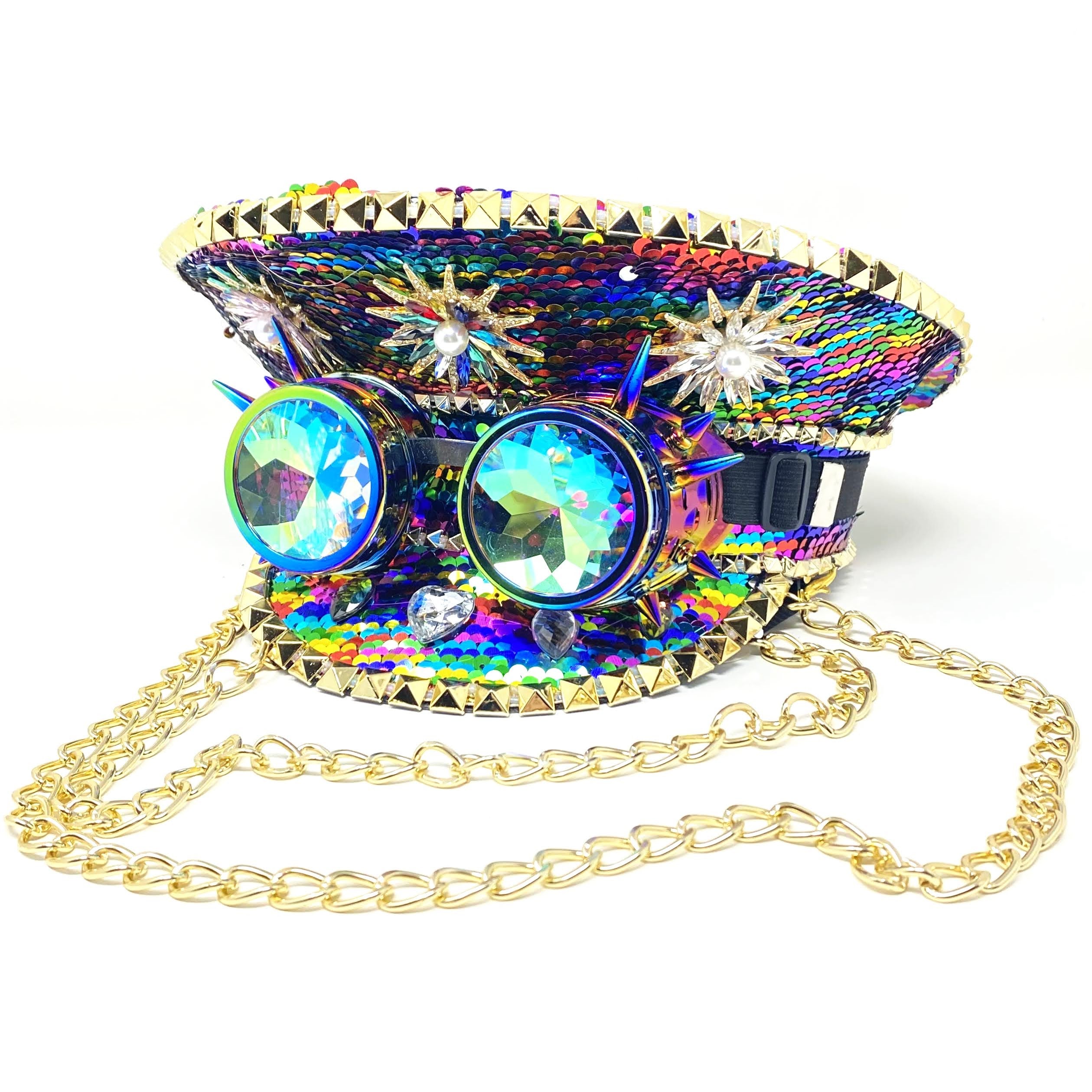 RAVE Captain Style Luxury Women Rhinestone Sequin Top Hat With Goggle For Christmas Costume Cosplay